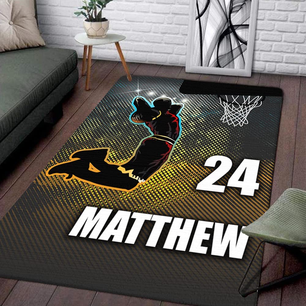 Neon Basketball Score Rug with Personalized Name and Number - Court Rug for Boys Sports Room, Living Room or Bedroom