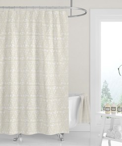 Neutral Beige White Floral Shower Curtain | Woodblock Mud Cloth Triangles Linen Print | Modern Minimalist Design