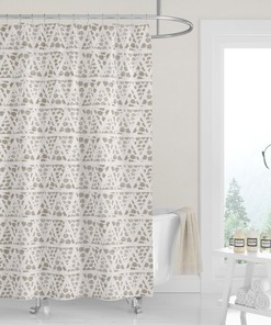 Neutral Geometric Woodblock Boho Shower Curtain / Beige Fabric Bath Curtain / Minimalist Design