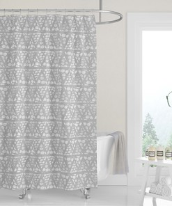 Neutral Geometric Woodblock Boho Shower Curtain / Silver Gray Fabric Bath Curtain / Minimalist Design