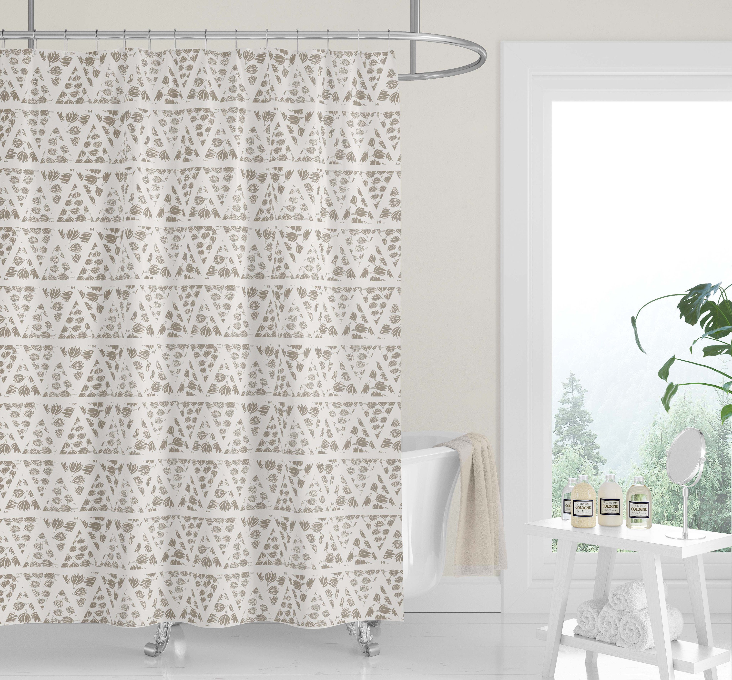 Neutral Geometric Woodblock Boho Shower Curtain / Silver Gray Fabric Bath Curtain / Minimalist Design - Image 4