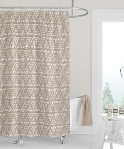 Neutral Geometric Woodblock Boho Shower Curtain / Tan Fabric Bath Curtain / Minimalist Design