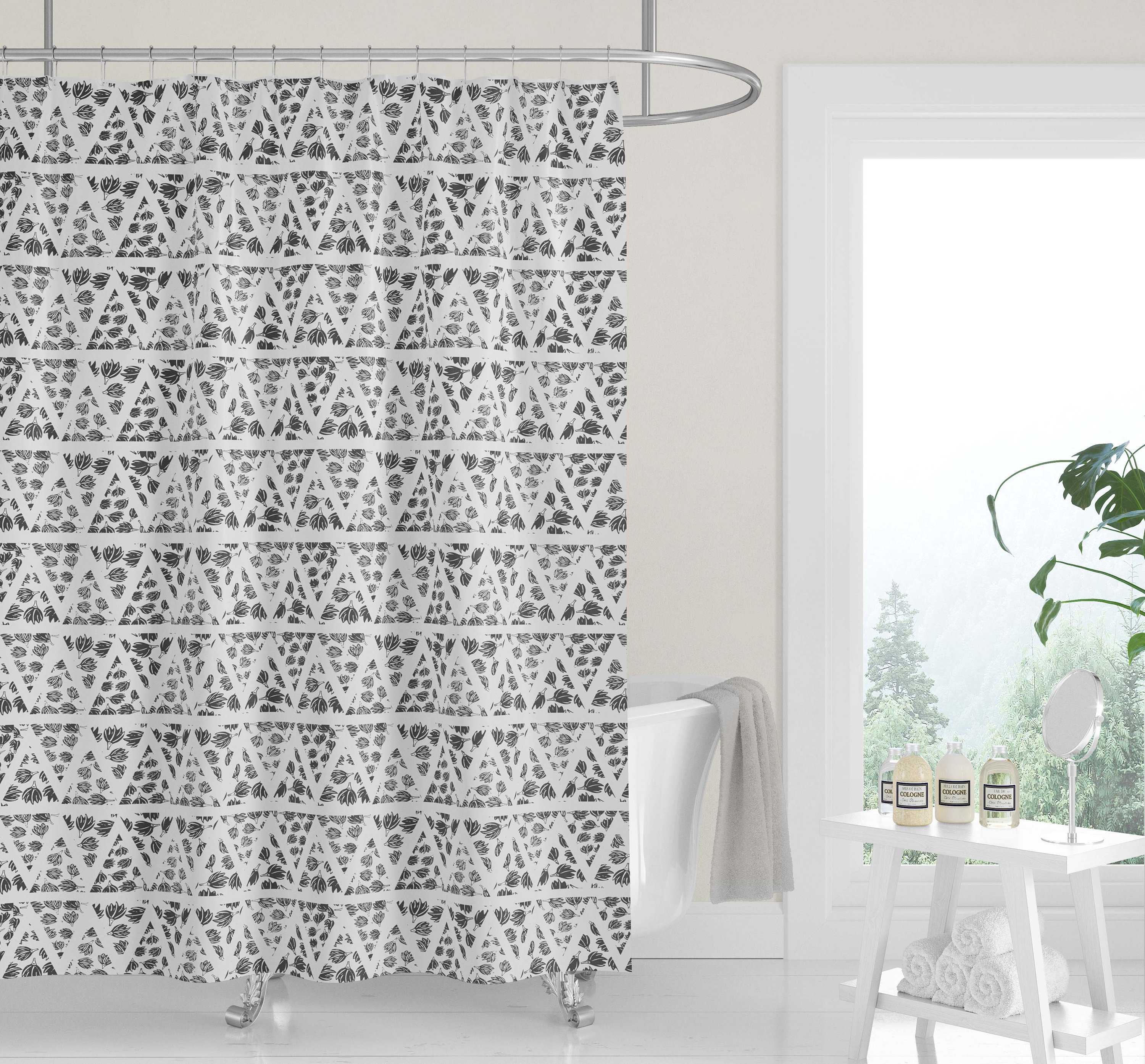 Neutral Geometric Woodblock Boho Shower Curtain / Tan Fabric Bath Curtain / Minimalist Design - Image 3
