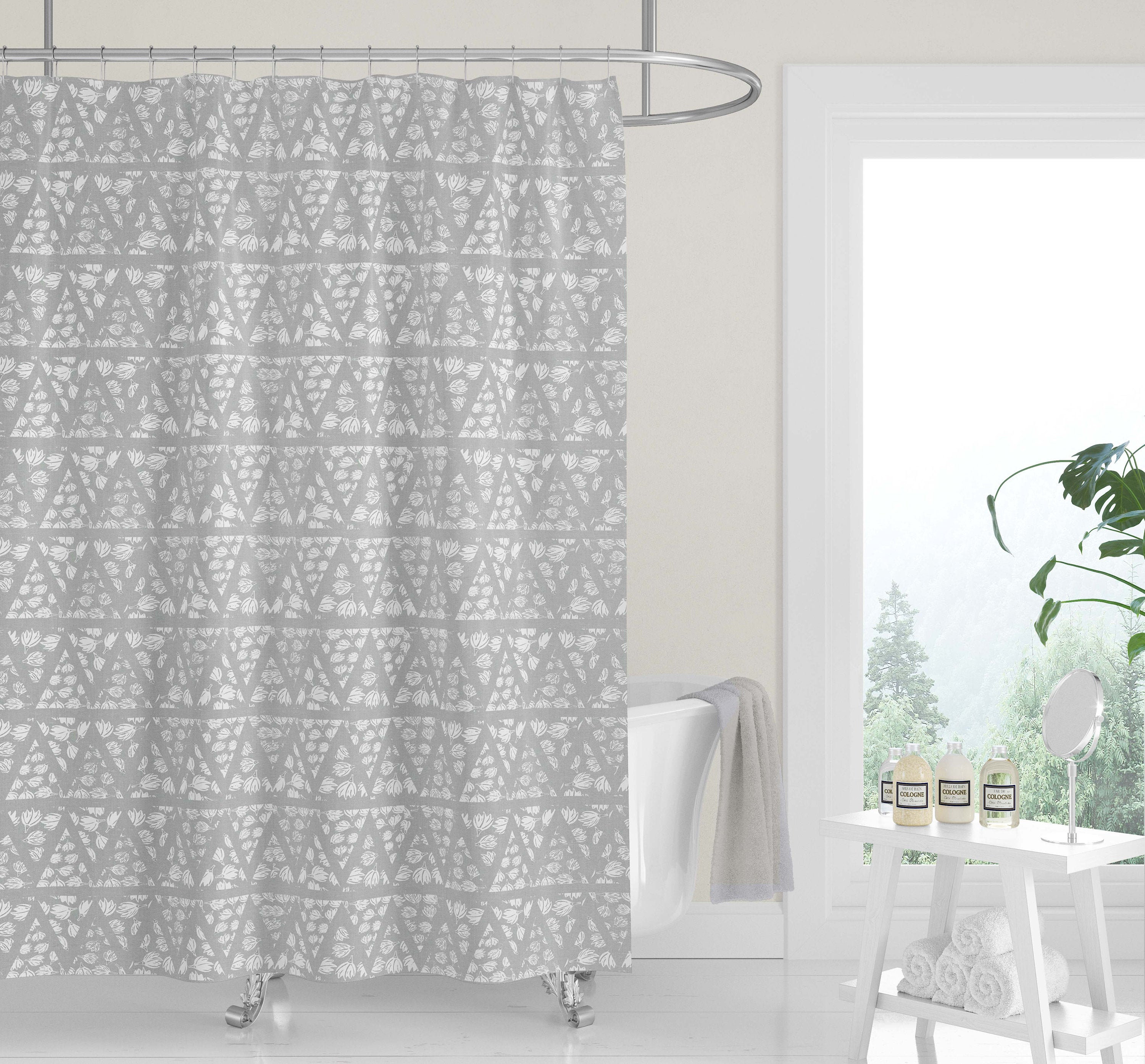 Neutral Geometric Woodblock Boho Shower Curtain / Tan Fabric Bath Curtain / Minimalist Design - Image 4