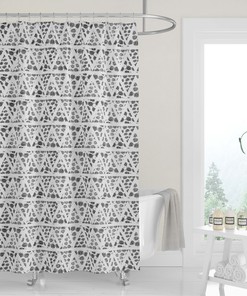 Neutral Gray White Geometric Woodblock Triangles Mudcloth Premium FABRIC SHOWER CURTAIN | Linen Print Modern Minimalist