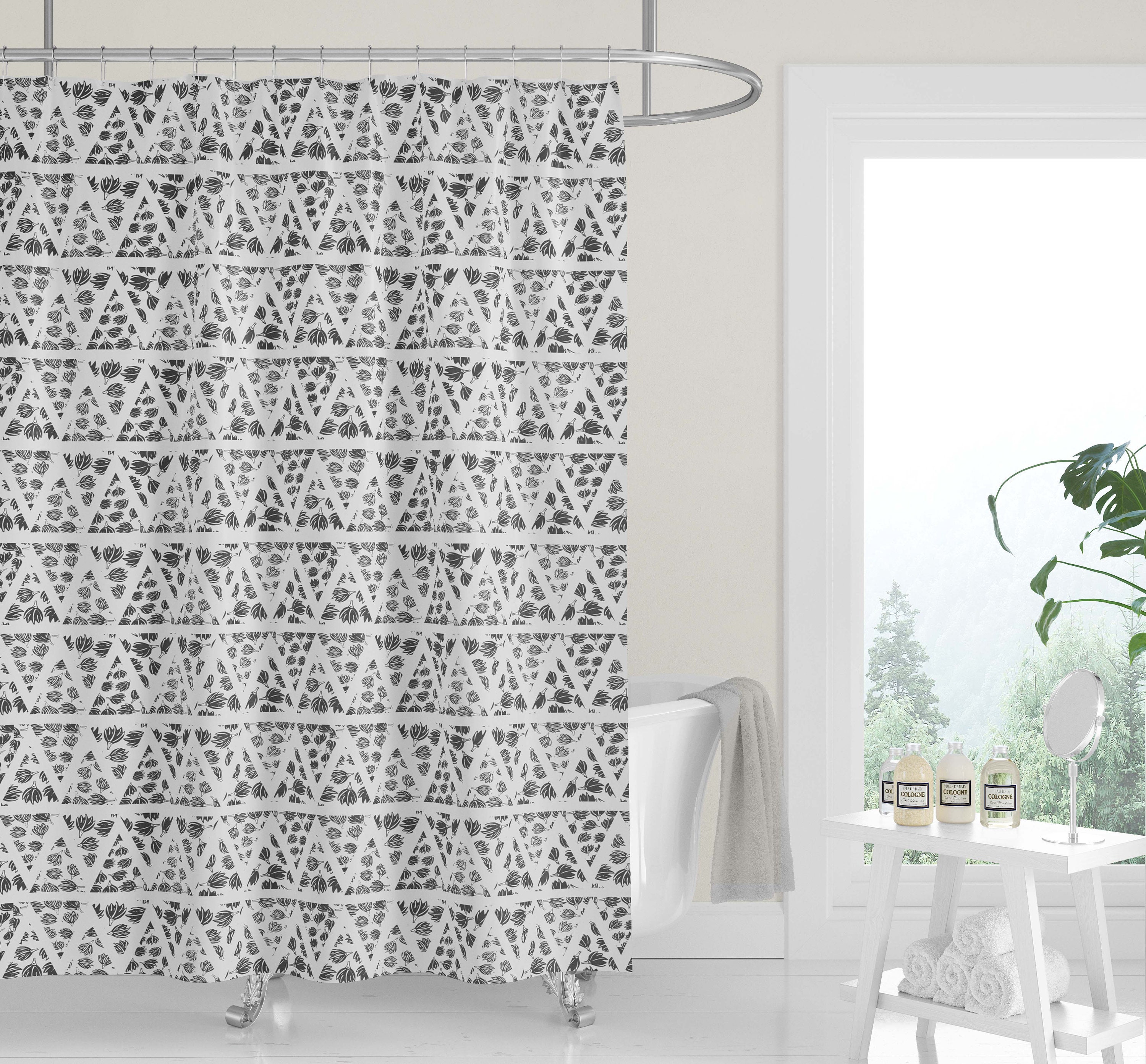 Neutral Gray White Geometric Woodblock Triangles Mudcloth Premium FABRIC SHOWER CURTAIN | Linen Print Modern Minimalist