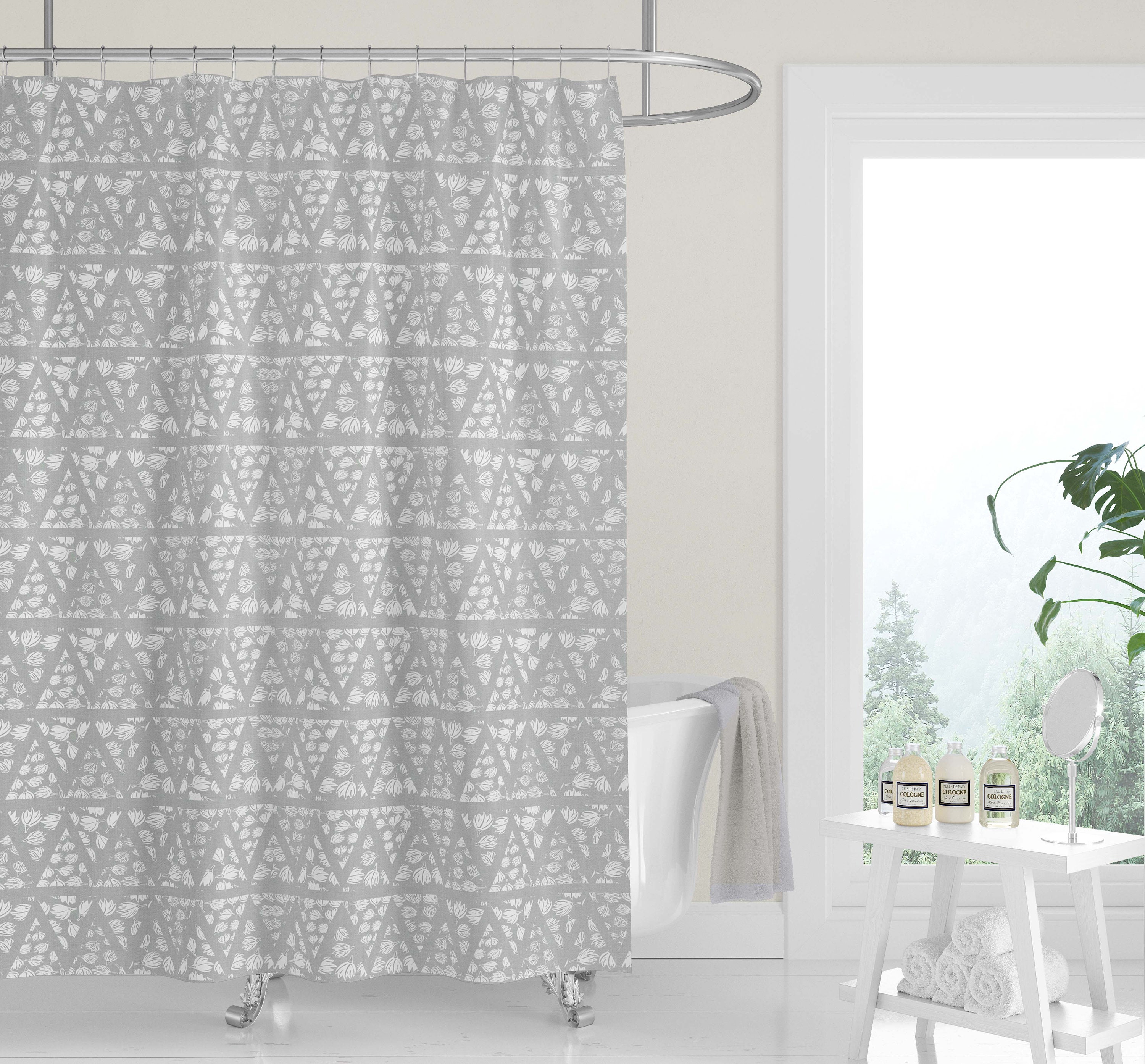 Neutral Gray White Geometric Woodblock Triangles Mudcloth Premium FABRIC SHOWER CURTAIN | Linen Print Modern Minimalist - Image 2