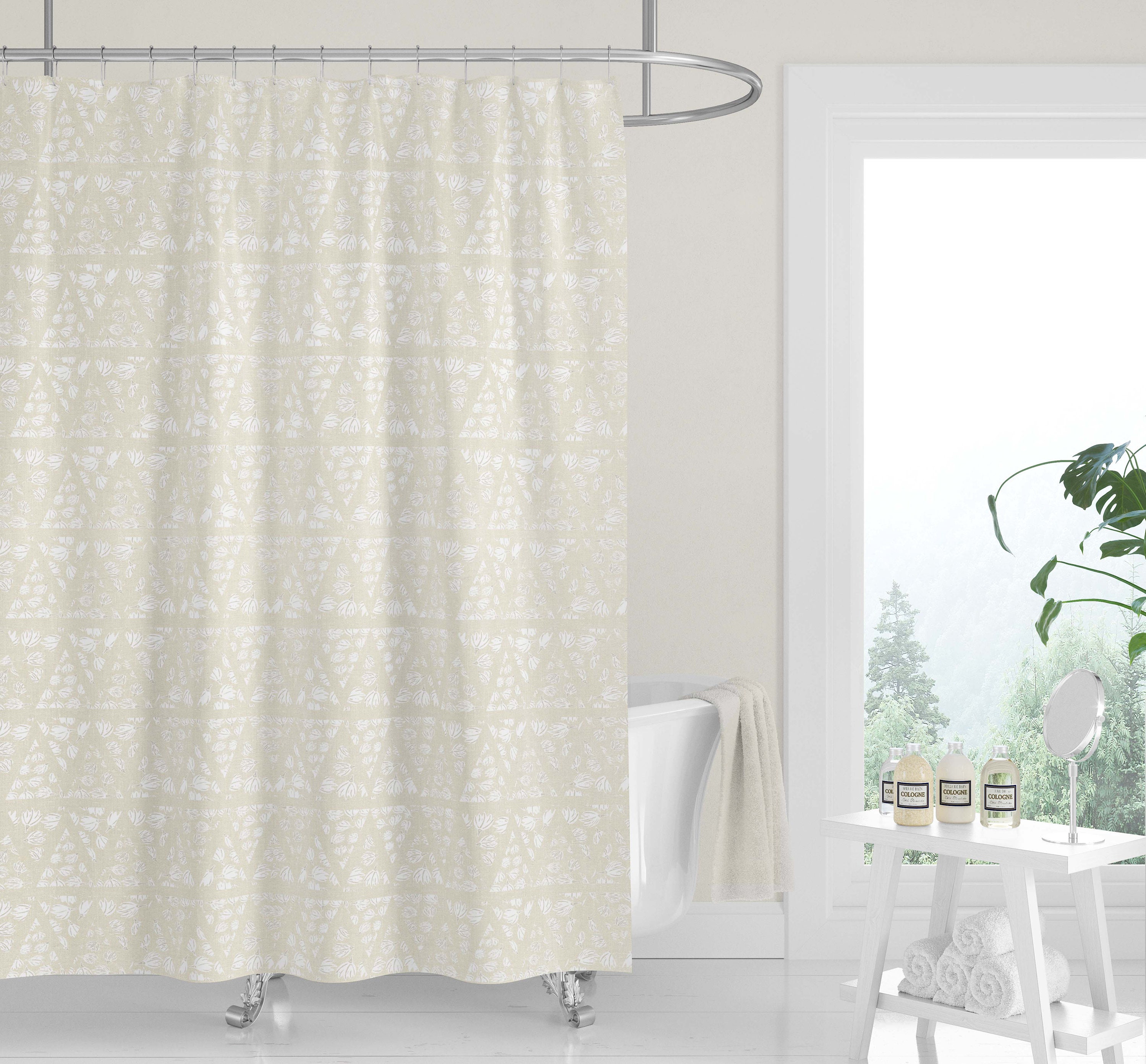 Neutral Gray White Geometric Woodblock Triangles Mudcloth Premium FABRIC SHOWER CURTAIN | Linen Print Modern Minimalist - Image 3