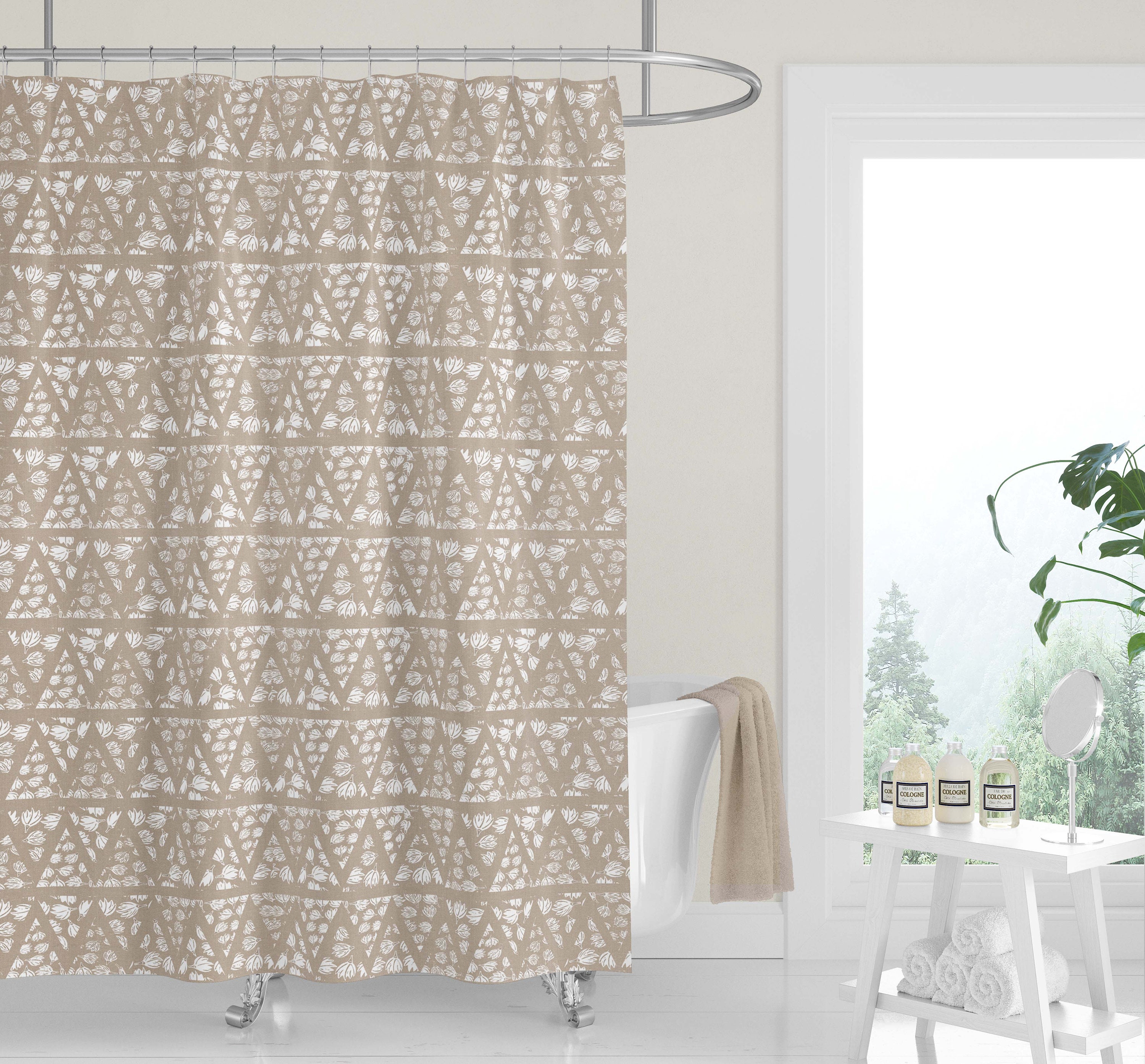 Neutral Gray White Geometric Woodblock Triangles Mudcloth Premium FABRIC SHOWER CURTAIN | Linen Print Modern Minimalist - Image 4