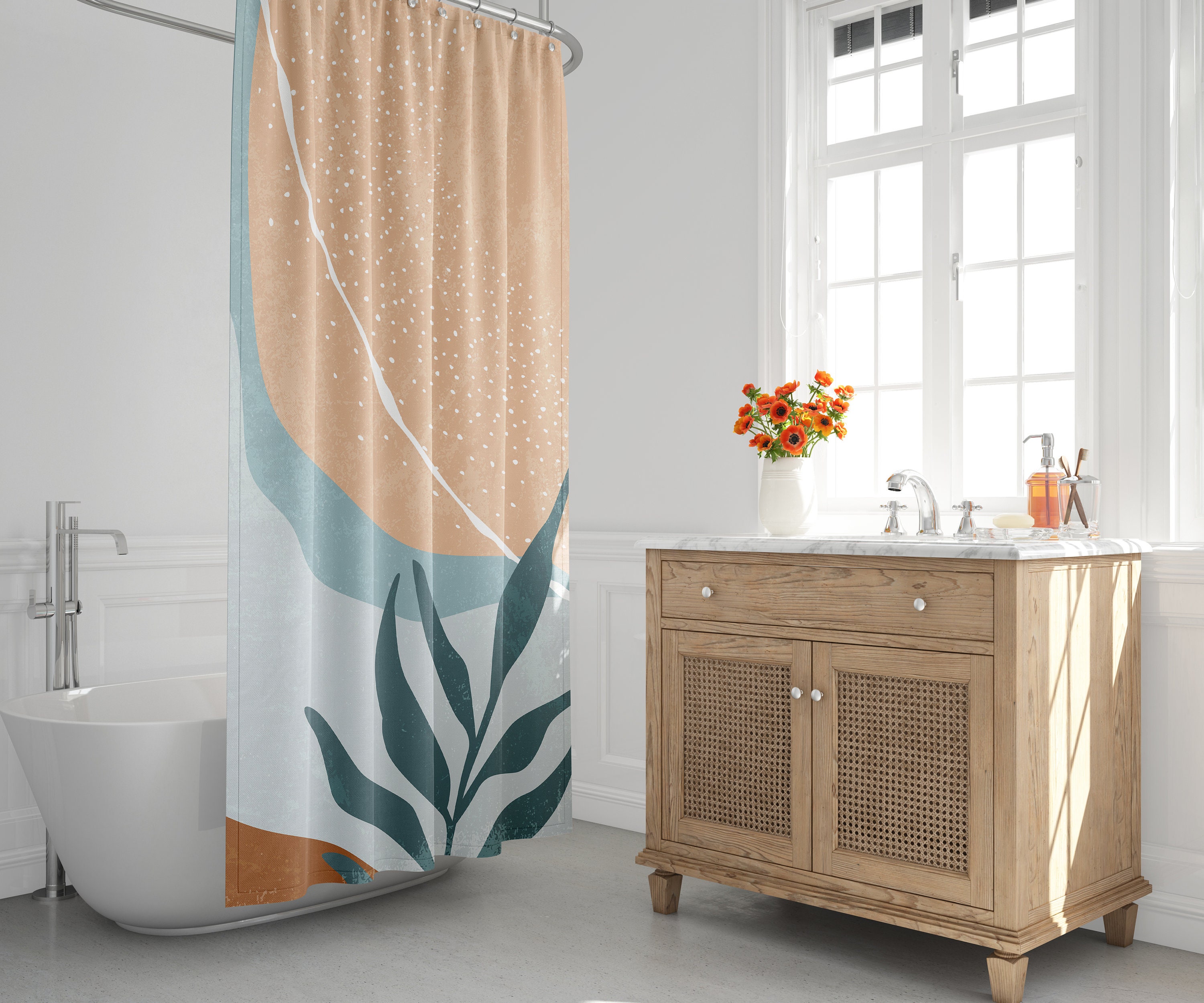 Neutral Tone Scandinavian Abstract Shower Curtain - Mid Century Modern Design for Contemporary Bath Decor