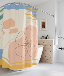 Neutral Warm Earth Tones Shower Curtain, Contemporary Abstract Art with Lakehouse Leaves Design, Customizable Sizes