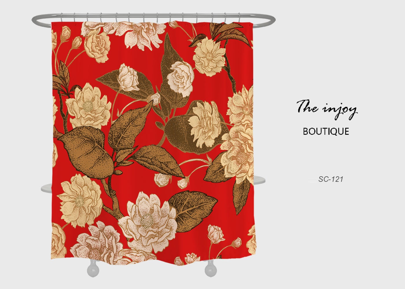 Noble Retro Red Flowers Shower Curtain, Customizable Waterproof Bathroom Decor