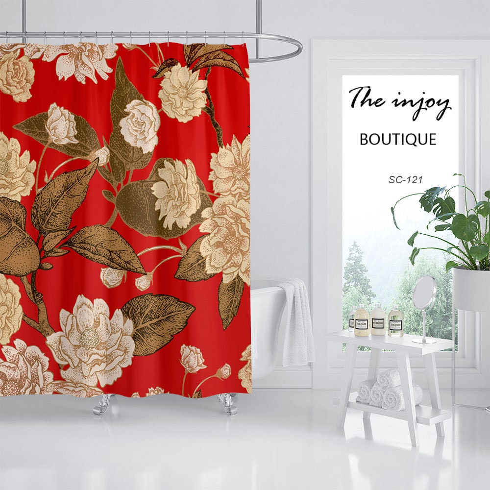 Noble Retro Red Flowers Shower Curtain, Customizable Waterproof Bathroom Decor - Image 2