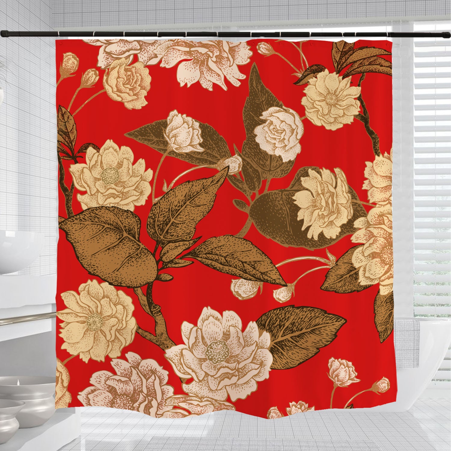 Noble Retro Red Flowers Shower Curtain, Customizable Waterproof Bathroom Decor - Image 3