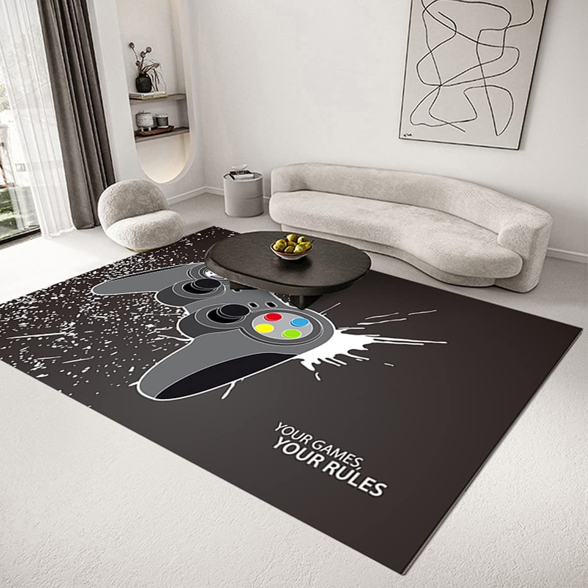 Non-Slip Crystal Sofa Floor Mat for Gamer Boys' Bedroom - Black Carpet with Gamepad Print and T-Shirt, Hoodie, Sweatshirt Video game rugs