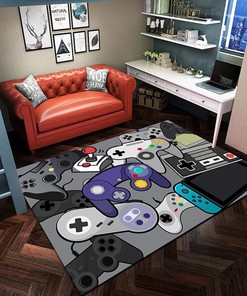 Non-Slip Game Area Rug with 3D Printed Black Gamepad Controller for Boys