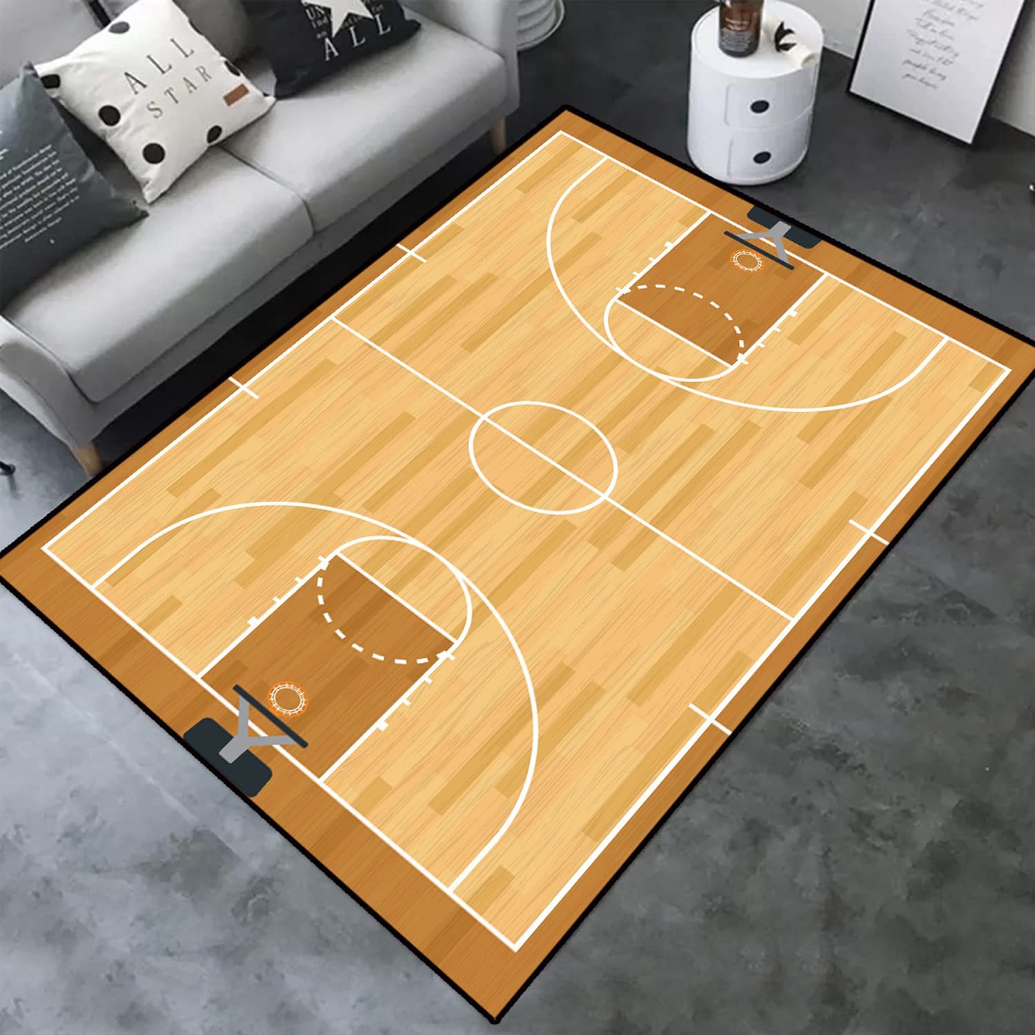Non-Slip Rubber Backing Basketball Court Area Rug for Boys' Room - Printed Decor for Playroom and Bedroom