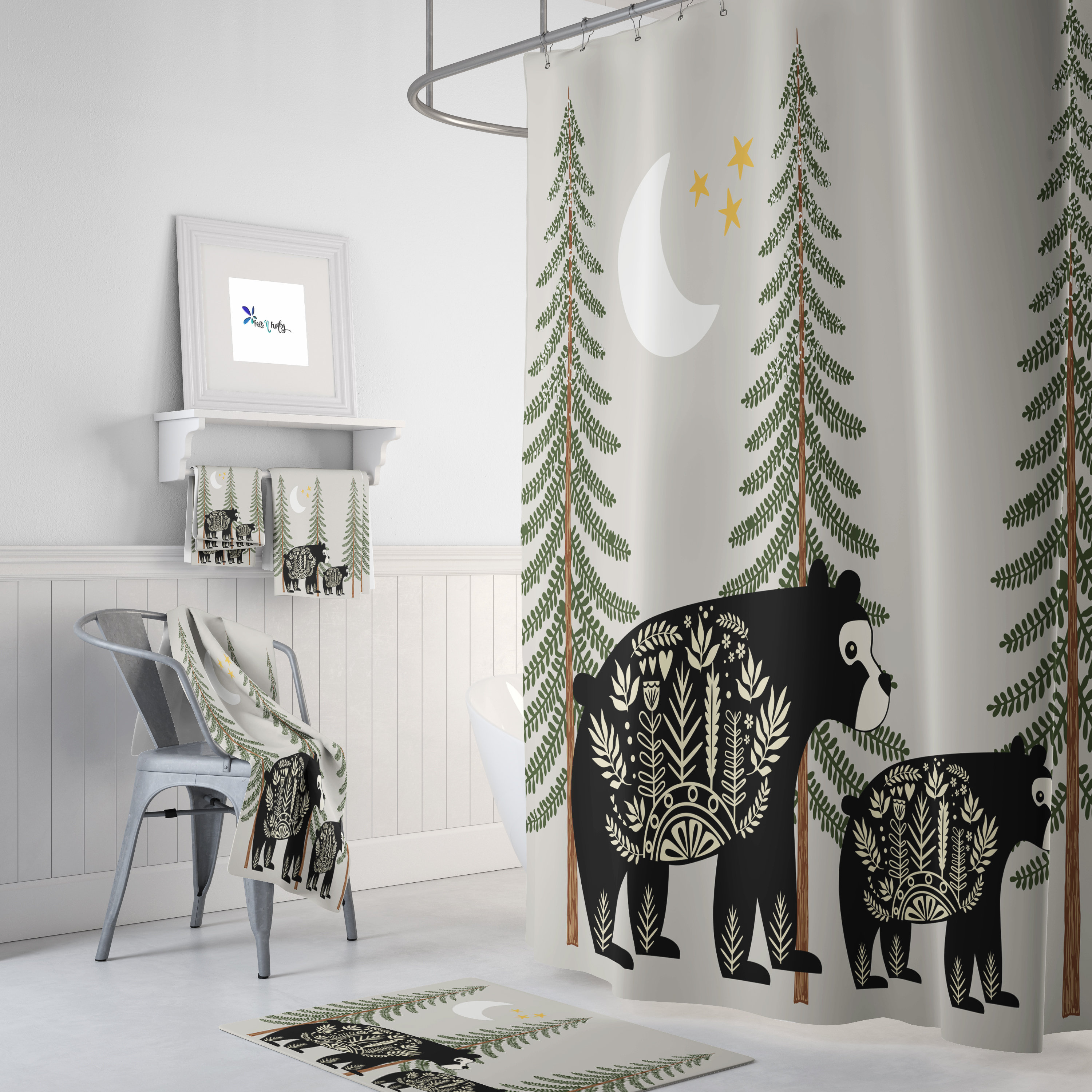 Nordic Bear Woodland Rustic Country Shower Curtain Set for a Cozy Woodland Lodge Bathroom