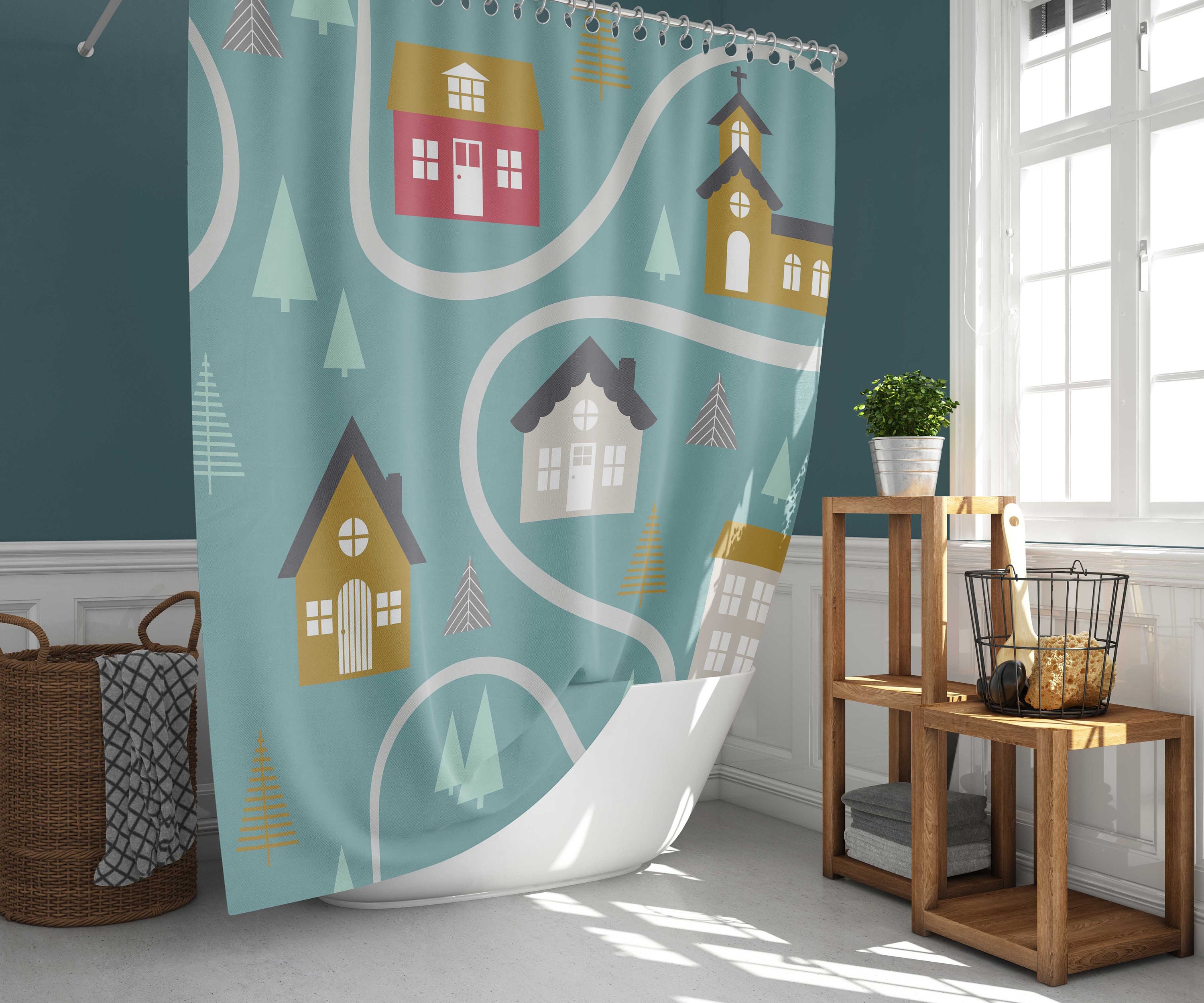 Nordic Cute House Design Shower Curtain, Home Sweet Home Bathroom Decor with Scandinavian Style, Housewarming Gift Idea