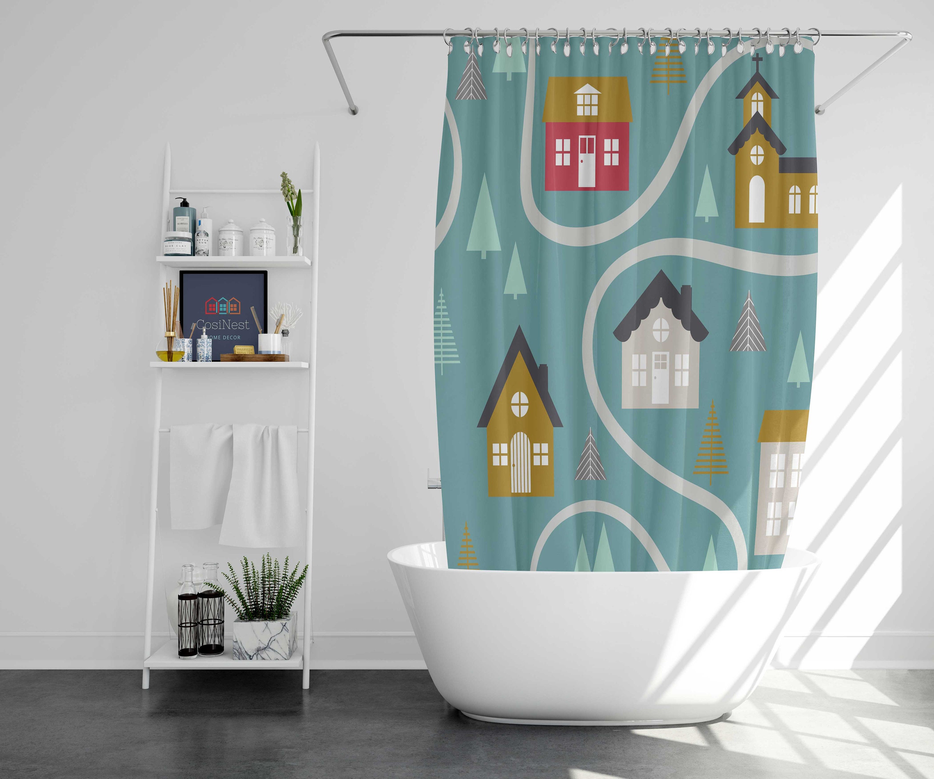Nordic Cute House Design Shower Curtain, Home Sweet Home Bathroom Decor with Scandinavian Style, Housewarming Gift Idea - Image 2
