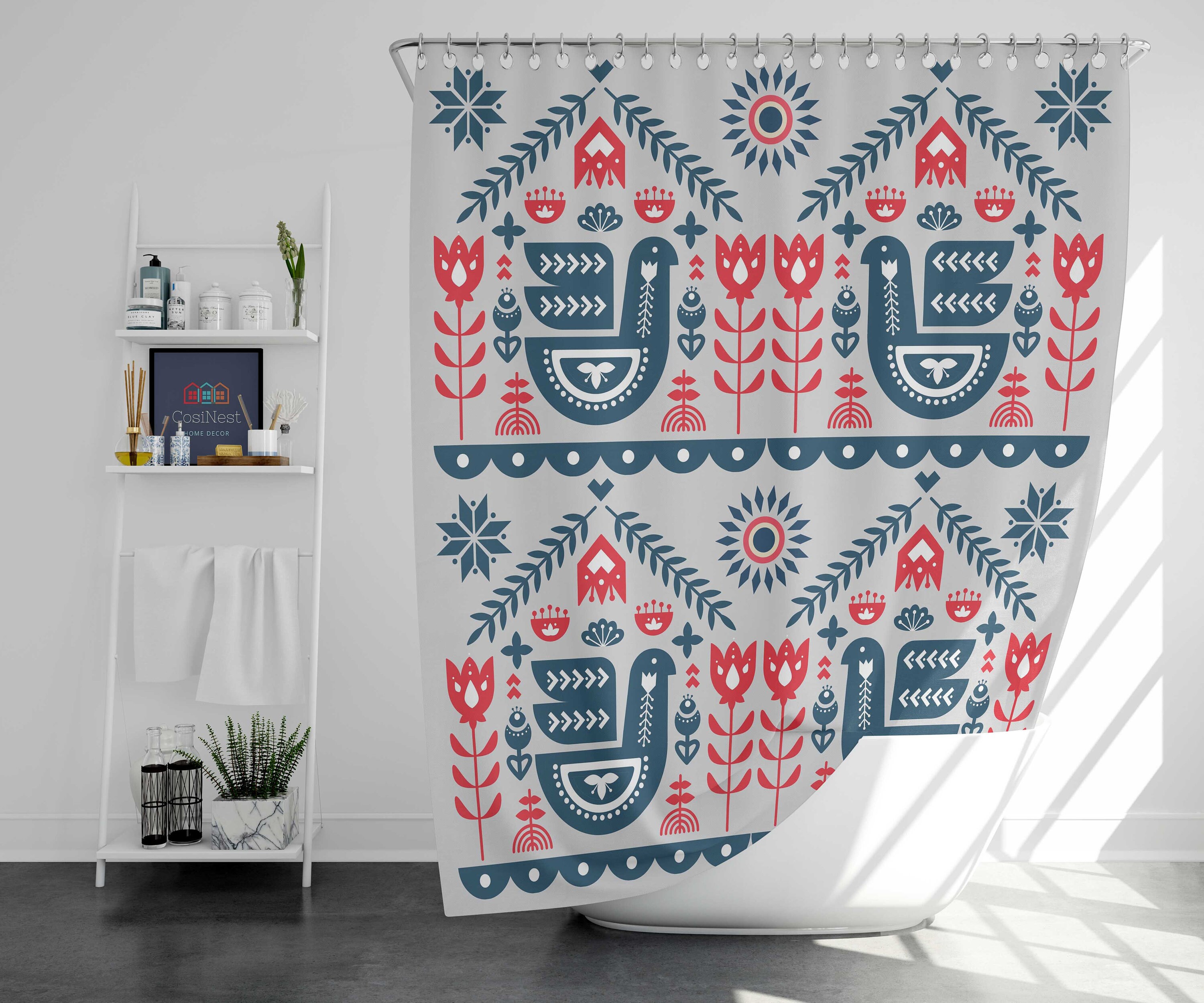 Nordic Forest Bird Shower Curtain, Scandinavian Design Bathroom Decor, Housewarming Gift Idea
