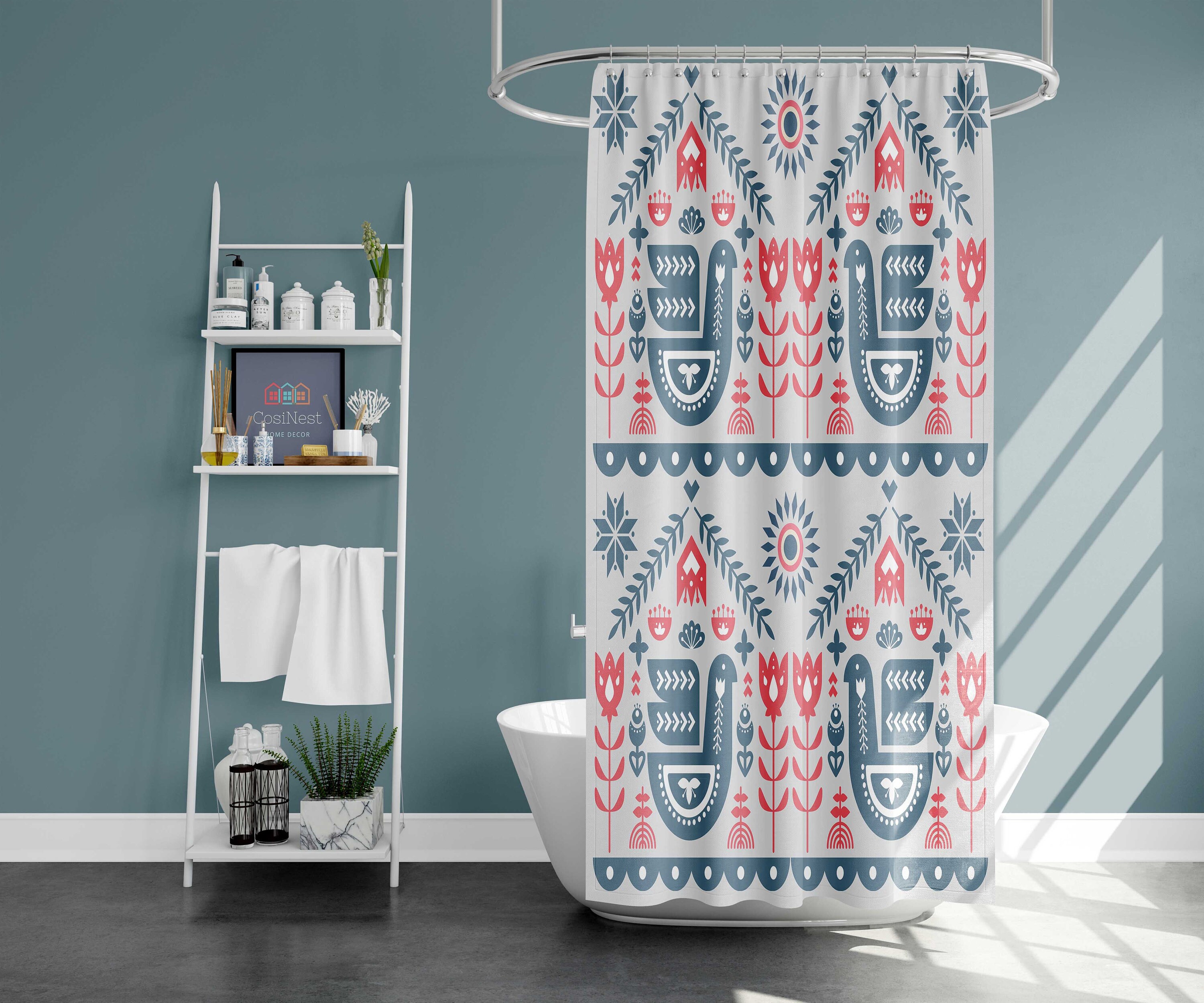 Nordic Forest Bird Shower Curtain, Scandinavian Design Bathroom Decor, Housewarming Gift Idea - Image 2