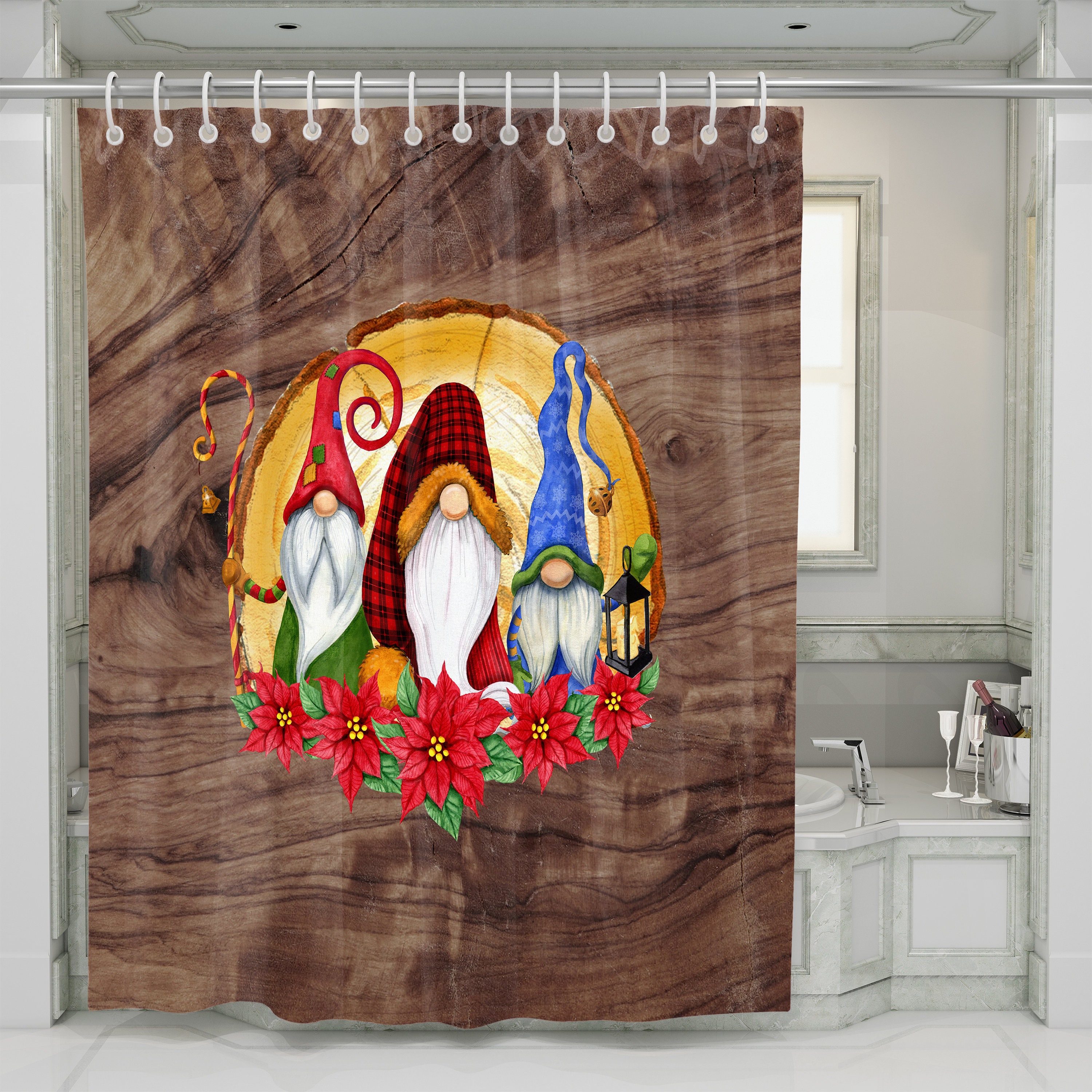 Nordic Gnome Christmas FolkNFunky Shower Curtain Set, Optional Towel and Bath Mat Included for Unique Bathroom Decor - Image 3