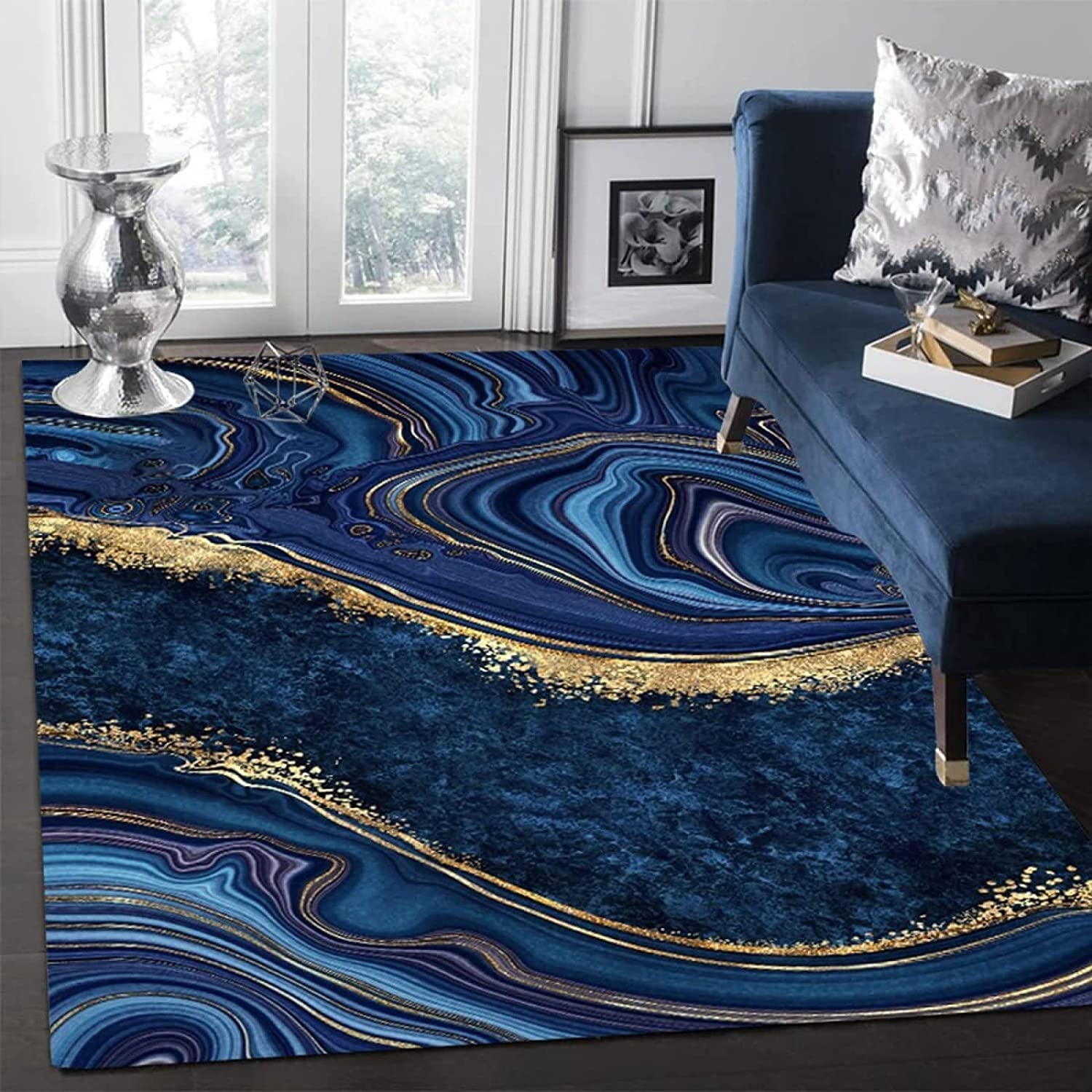 Nordic Navy Blue Gold Marble Luxury Abstract Stain Resistant Area Rug for Bedroom, Machine Washable Carpet - Image 2