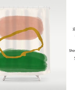 Nordic Style Dusty Pink Shower Curtain, Abstract Art Color Blocks with Monstera Green and Gold Accents