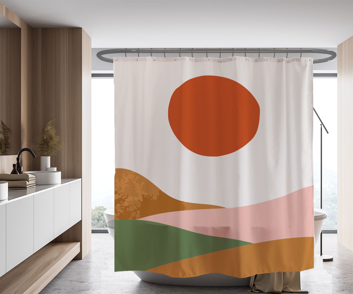 Nordic Style Modern Shower Curtain - Colorful Hill&Sun Landscape Design - Waterproof and Washable - Image 2
