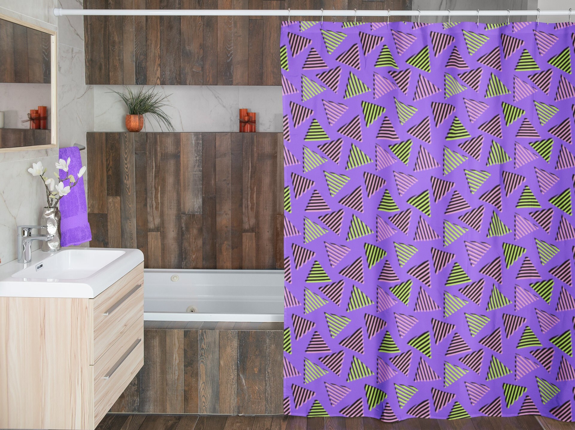 Nostalgic Retro Shower Curtain Set, 90's Geometric Bathroom Decor with Unique Gift Idea