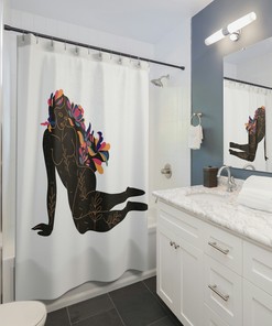 Nude Woman Floral Vintage Shower Curtain, Boho Mid-Century Print, Bohemian Shower Curtain