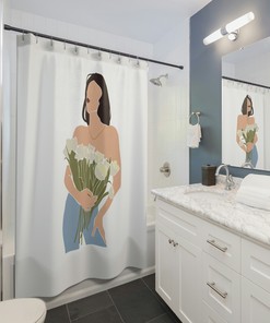 Nude Woman with Flowers Boho Chic Shower Curtain, Minimal Line Art Vintage Print, Bohemian Bathroom Decor