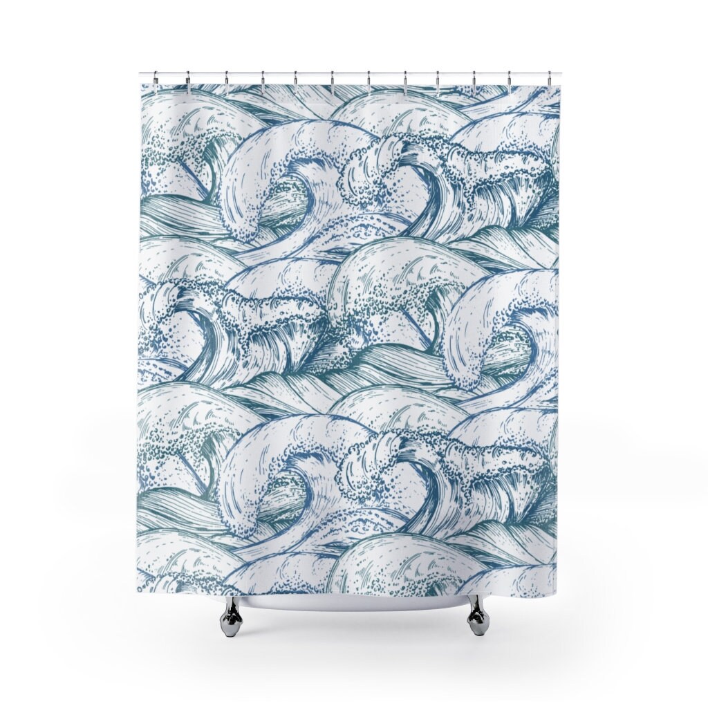 Ocean Waves and Ships Shower Curtain | Nautical Theme, Bathroom Curtain | Unique Shower Curtains