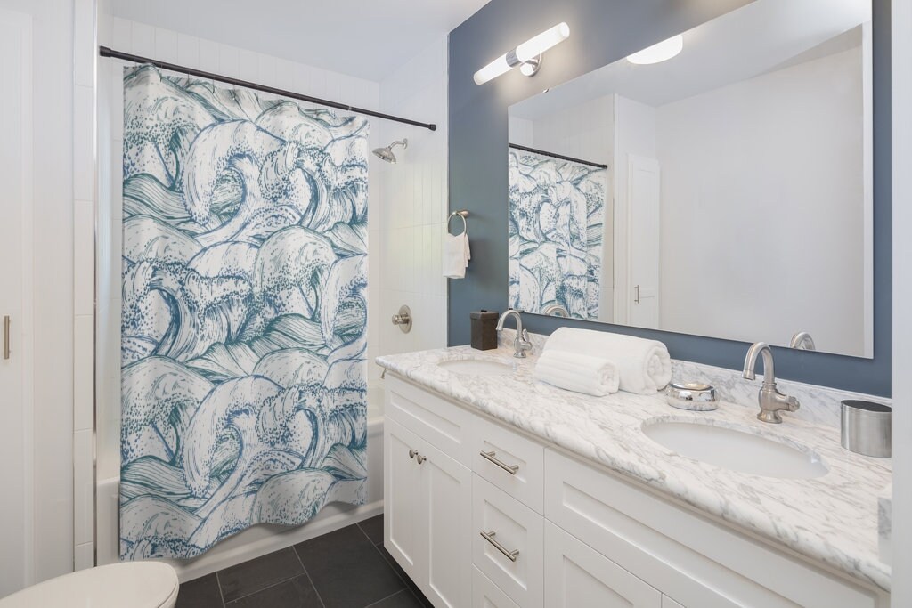 Ocean Waves and Ships Shower Curtain | Nautical Theme, Bathroom Curtain | Unique Shower Curtains - Image 2