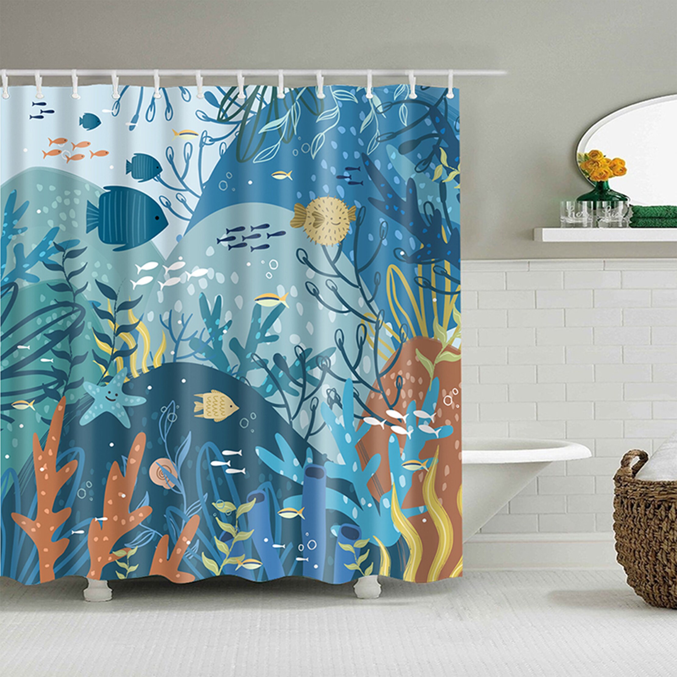Ocean sea corals fish starfish Shower Curtain | Underwater world seaweed deep water | Bathroom Curtain
