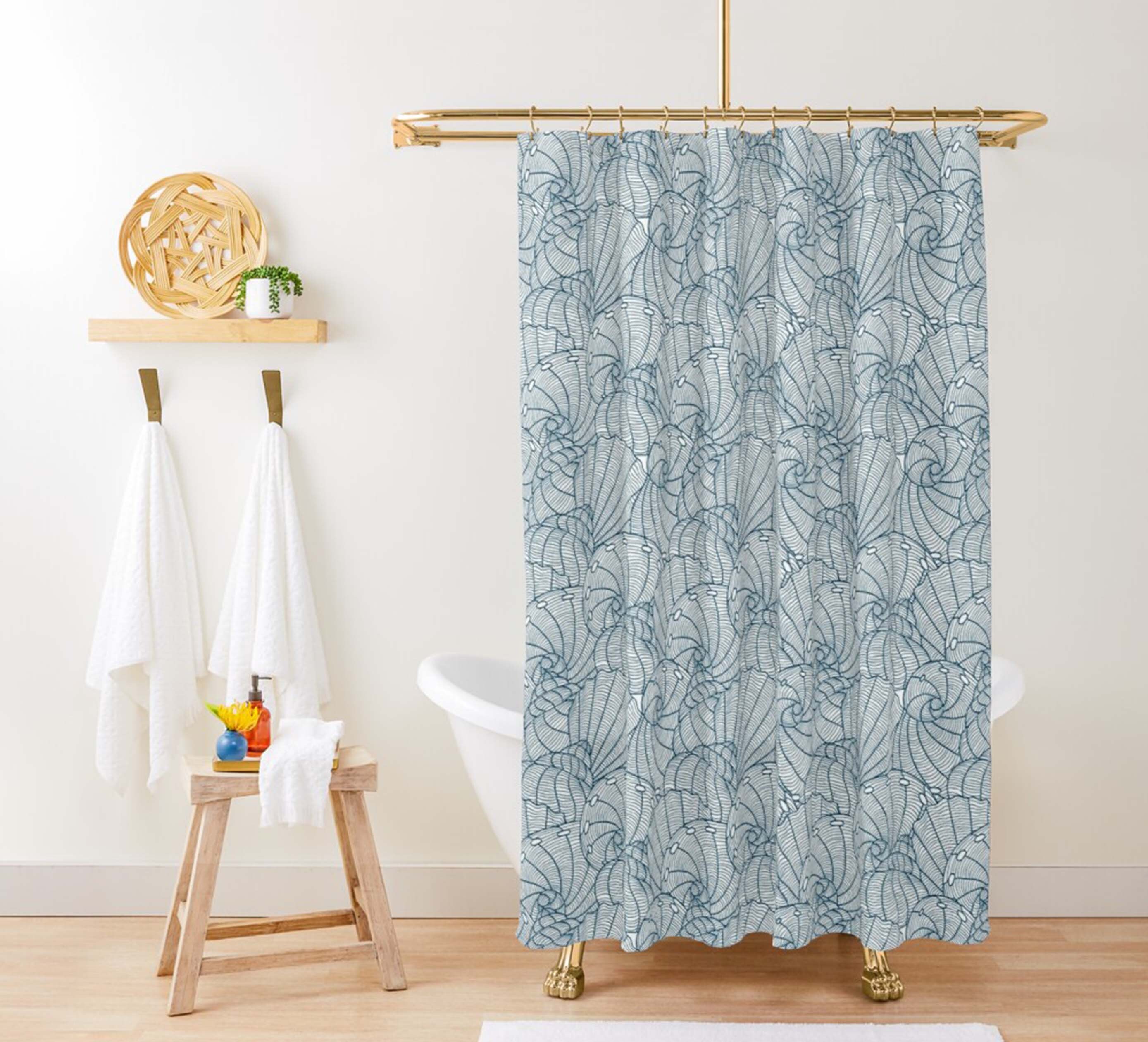Ocean sea creature beach pattern Shower Curtain | Blue seashell fabric Bathroom Curtain & Mat | Home bathroom Set Decor