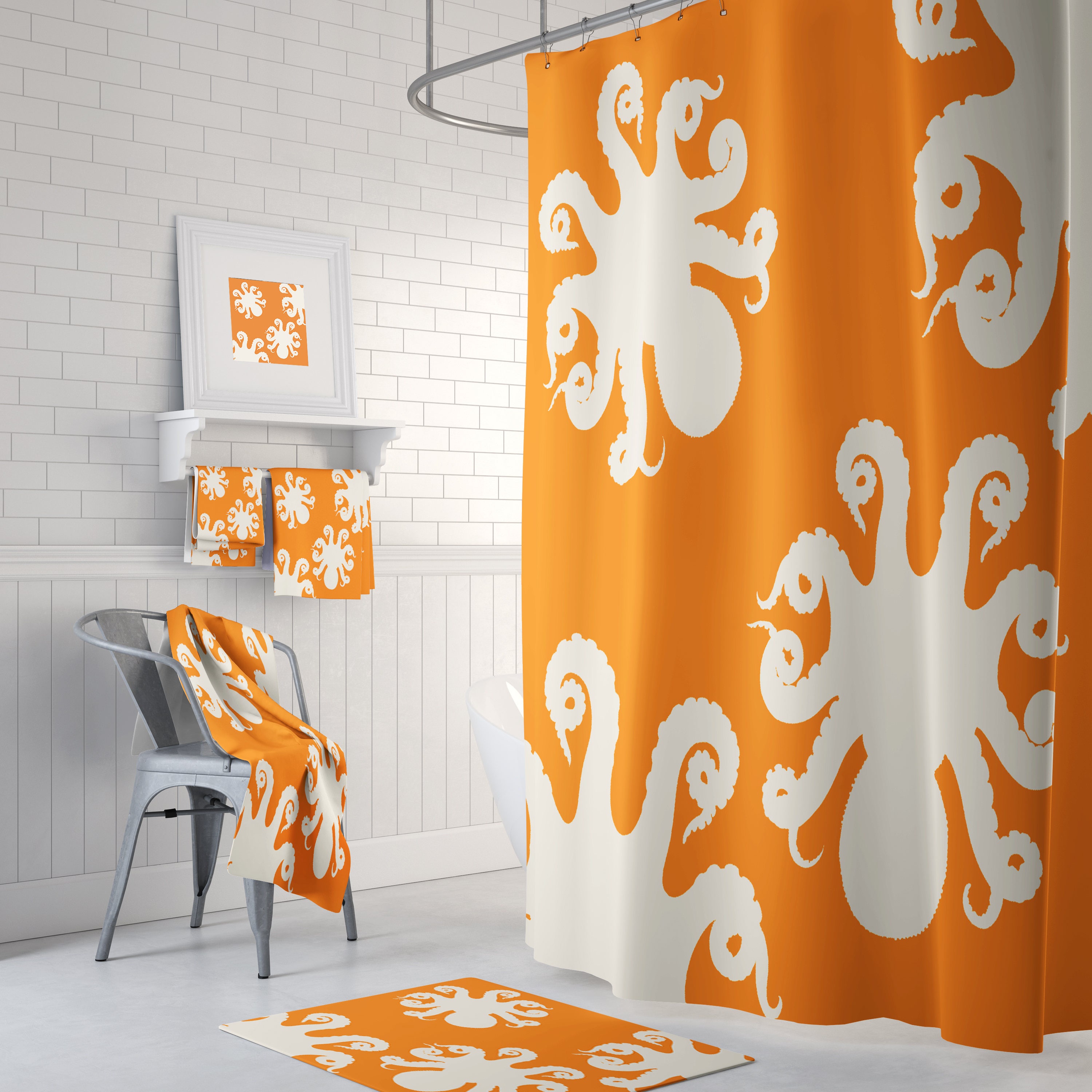 Octopus Disney Shower Curtain Set with Optional Orange Bath Mat and Towels for a Bold Bathroom Decor