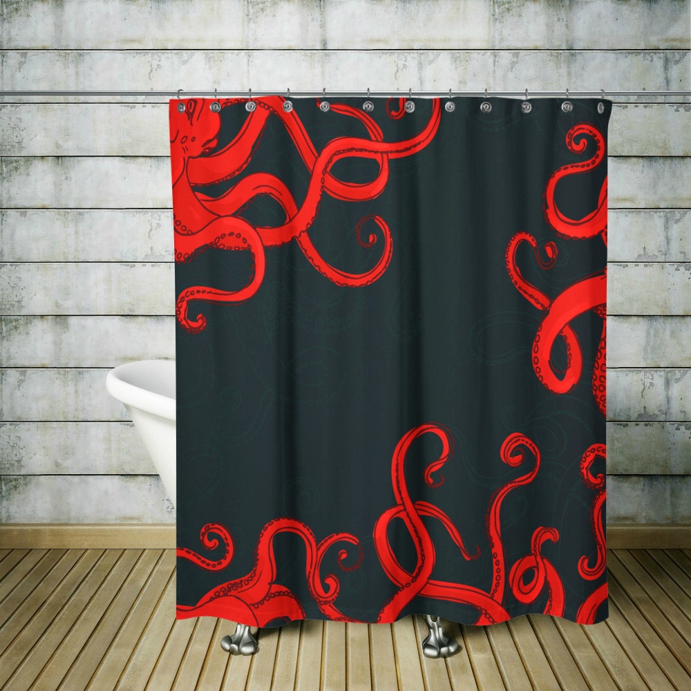 Octopus Disney Shower Curtain Set with Optional Red and Black Bath Mat