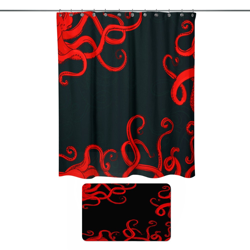 Octopus Disney Shower Curtain Set with Optional Red and Black Bath Mat - Image 2