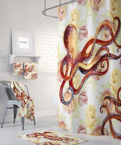 Octopus and Floral Shower Curtain - Fun Fabric Bath Curtain with Optional Towels and Mat for Nautical Bathroom Decor