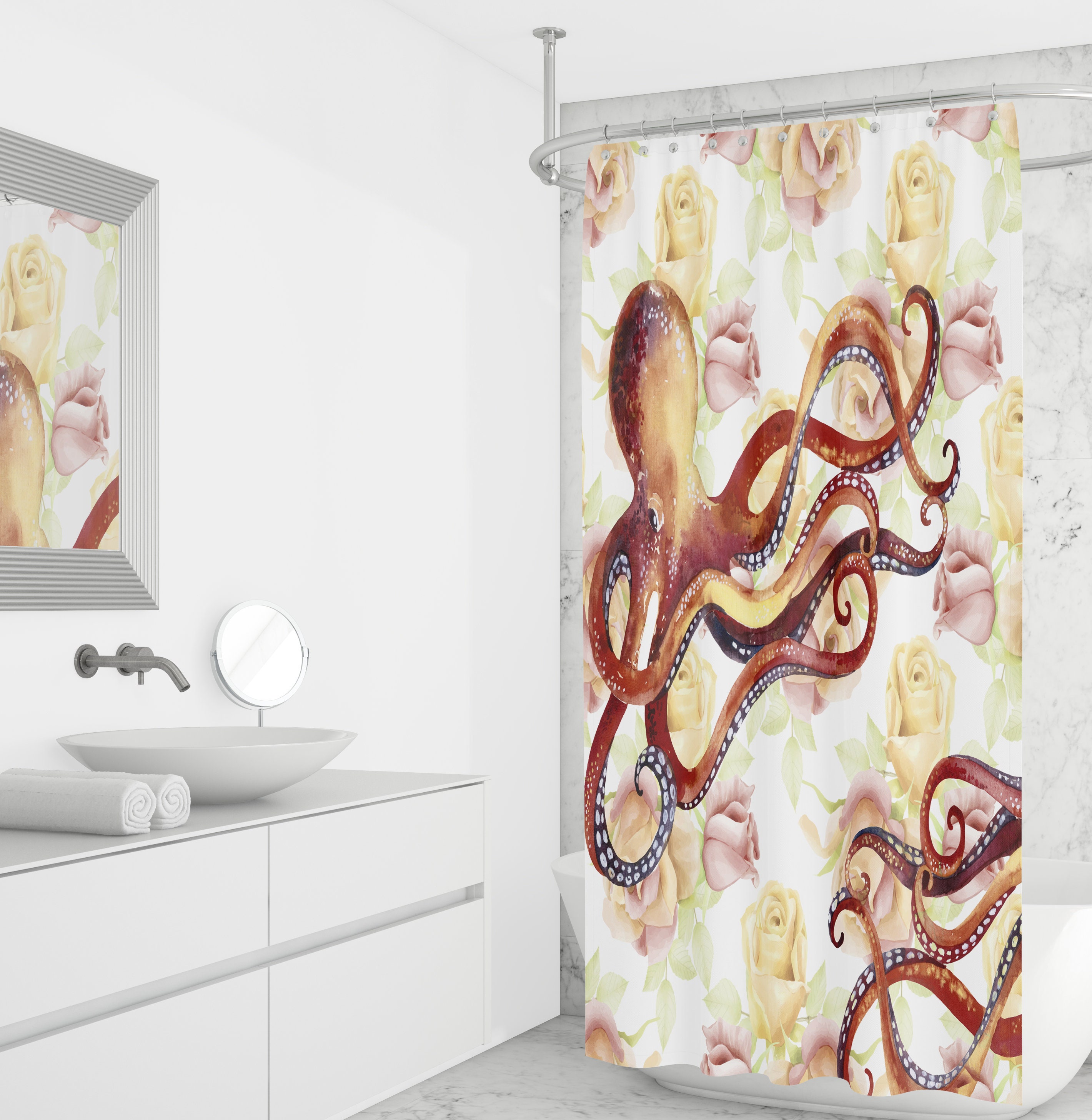 Octopus and Floral Shower Curtain - Fun Fabric Bath Curtain with Optional Towels and Mat for Nautical Bathroom Decor - Image 2