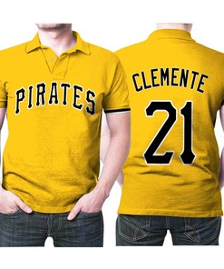 Official Gold 2019 Polo Shirt for Pittsburgh Pirates Majestic: Roberto Clemente #21, A Tribute to MLB Great Player