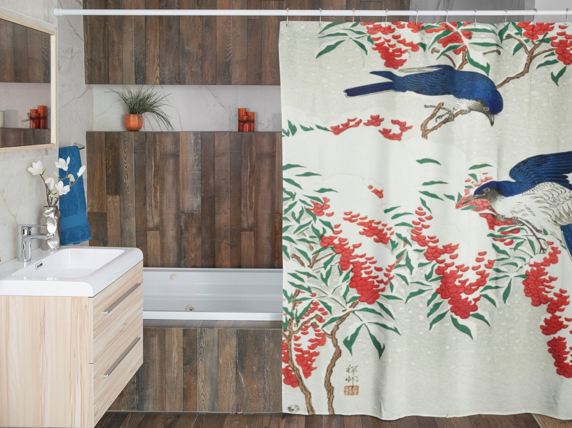 Ohara Koson Japanese Blue Birds Shower Curtain | Eco-Friendly Waterproof Bath Curtain
