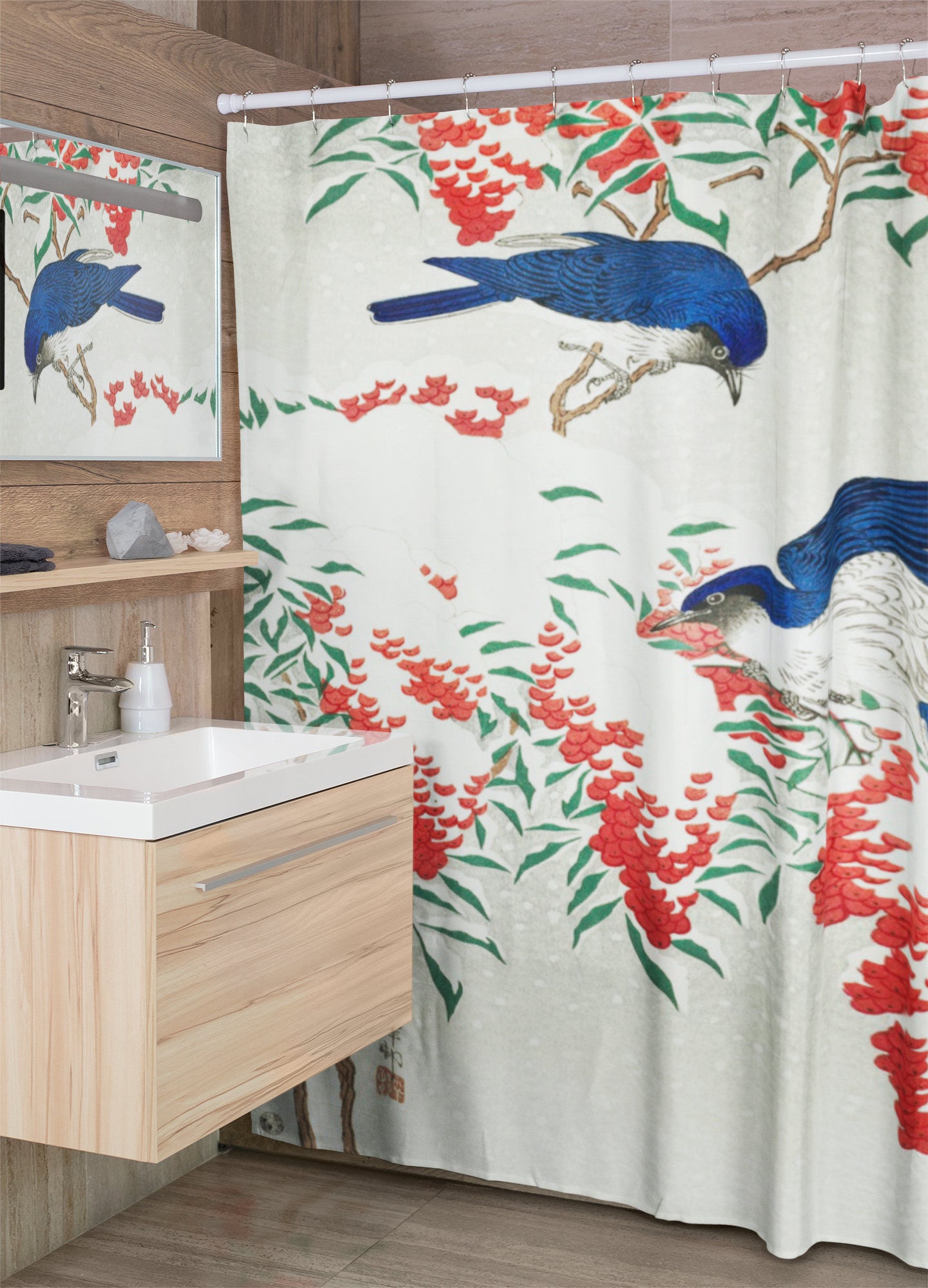 Ohara Koson Japanese Blue Birds Shower Curtain | Eco-Friendly Waterproof Bath Curtain - Image 2