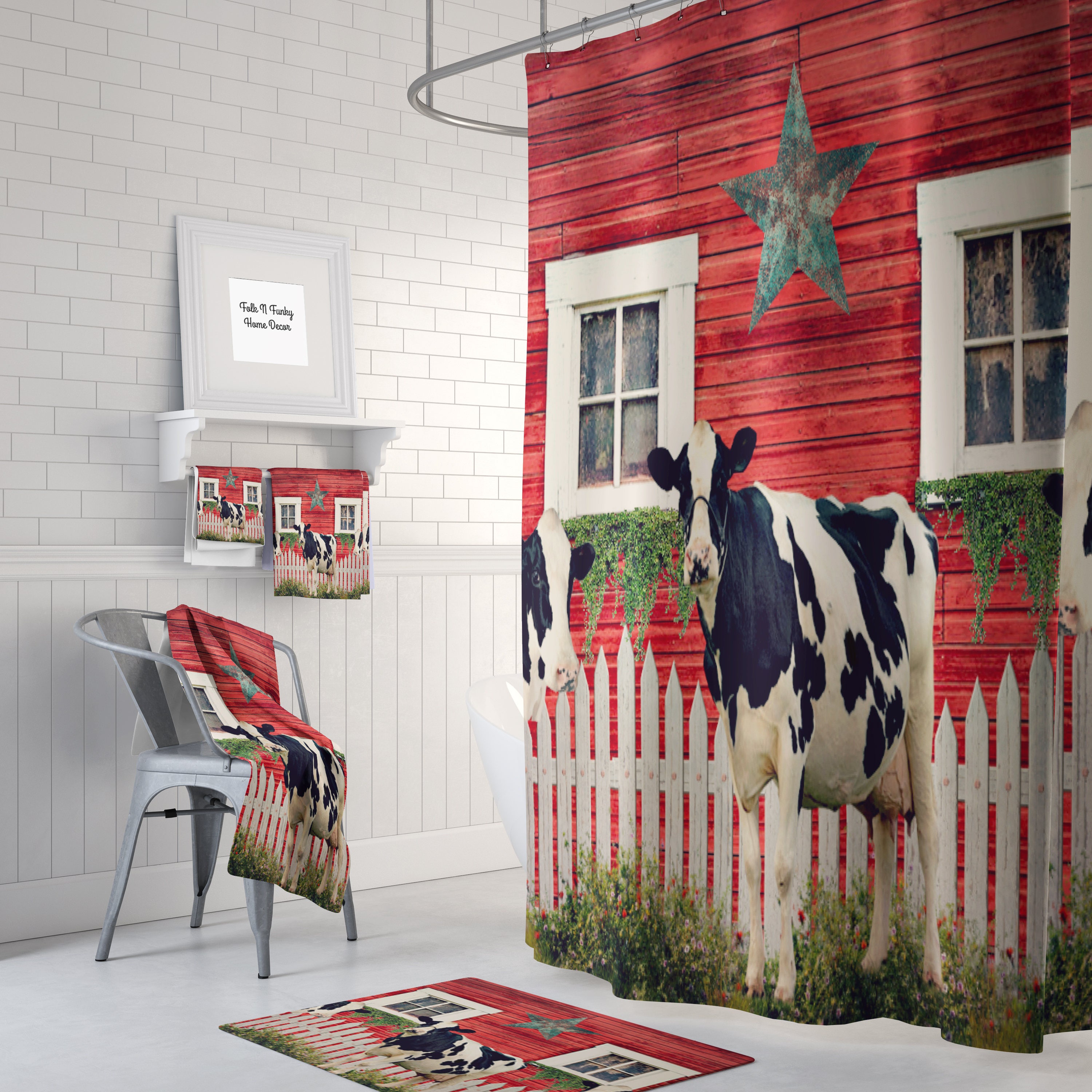 Old Barn and Cows Shower Curtain, Farmhouse Rustic Style, Unique Bathtub Curtain for Primitive