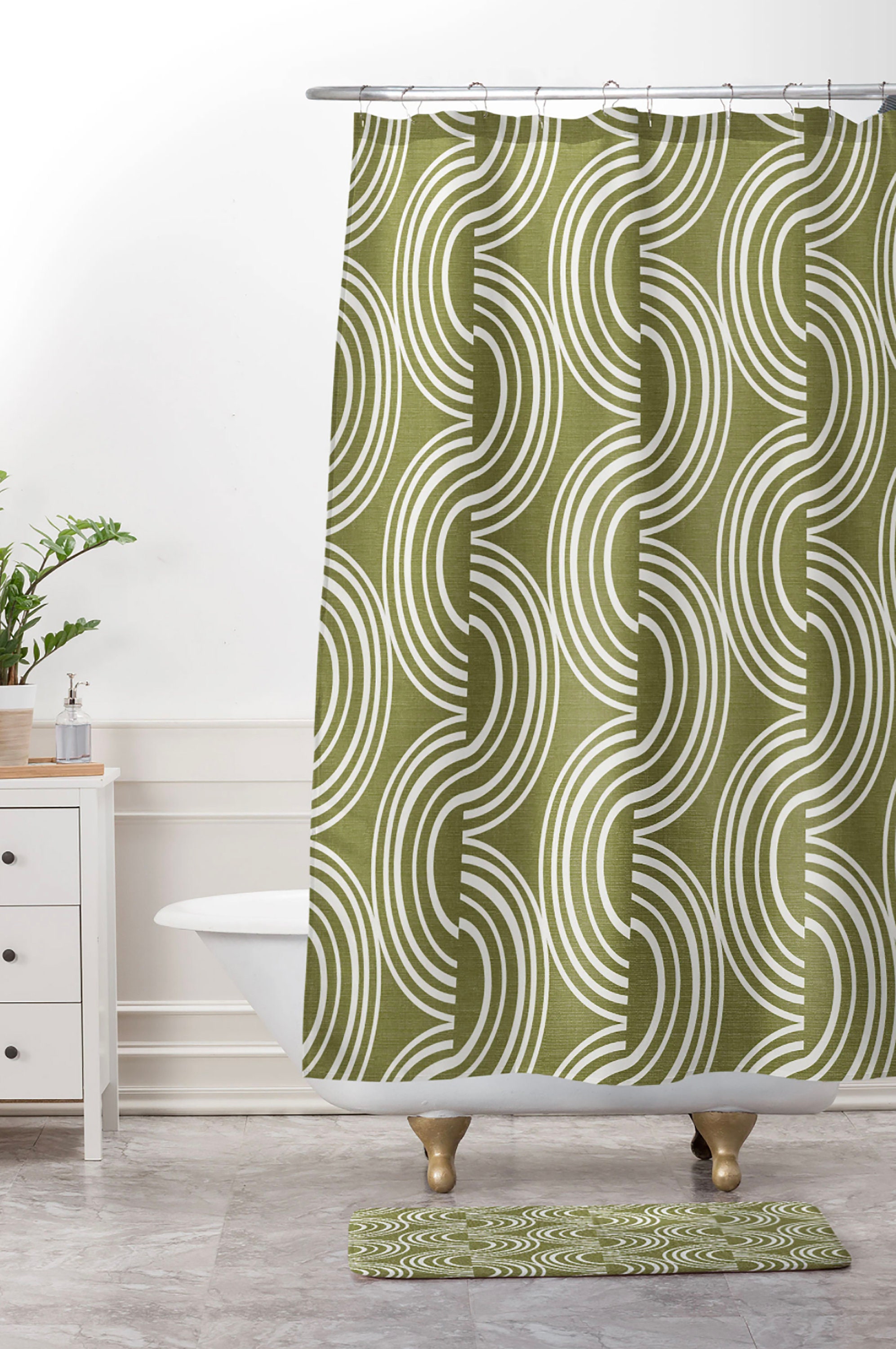 Olive Green Geometric Print Shower Curtain, Unique Shower Curtains, Fabric Shower Curtain, Bathroom Decor, Bath Curtain