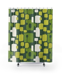 Olive and Emerald Green Abstract Mid Century Modern Shower Curtain - Durable Polyester Retro Atomic Age Bathroom Decor