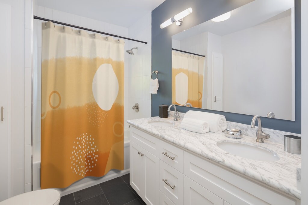 Ombre Boho Orange and Beige Geometric Art Design Mid Mod Shower Curtain for a Bohemian Bathroom - Image 2