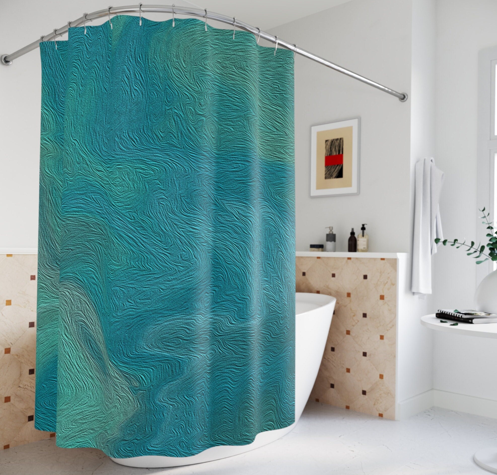 Ombre Boho Shower Curtain, Modern Sage Green Tiles Design, Relaxing Bath Decor